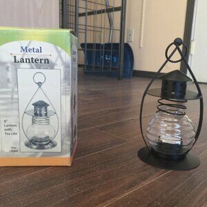 NEW Tealight Lantern Black Metal & Glass w/Hanging Loop 8"